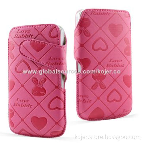 Leather Cases for iPhone 4, Velcro Strap Closure with Cute Rabbit Pattern
